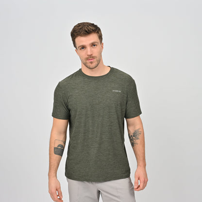 Hybryd man wearing a green t-shirt with a logo and round neck