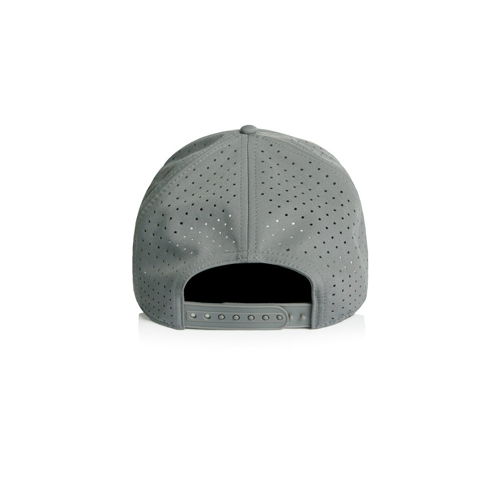 A grey Hybryd athletic baseball cap with perforated back panels and a snapbackwhite Hybryd logo on the front, shown on a clean white background. 