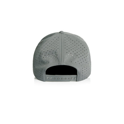 A grey Hybryd athletic baseball cap with perforated back panels and a snapbackwhite Hybryd logo on the front, shown on a clean white background. 