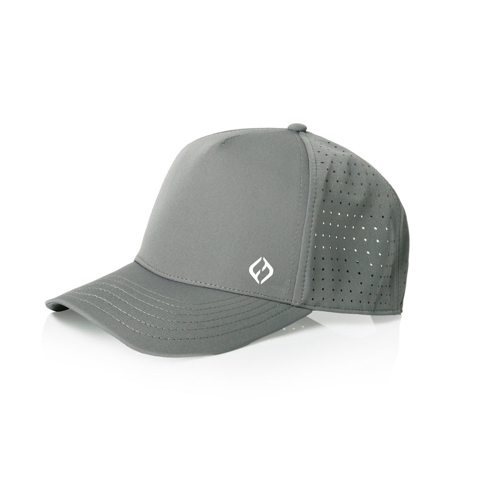 A grey Hybryd athletic baseball cap with perforated back panels and a small white Hybryd logo on the front, shown on a clean white background.