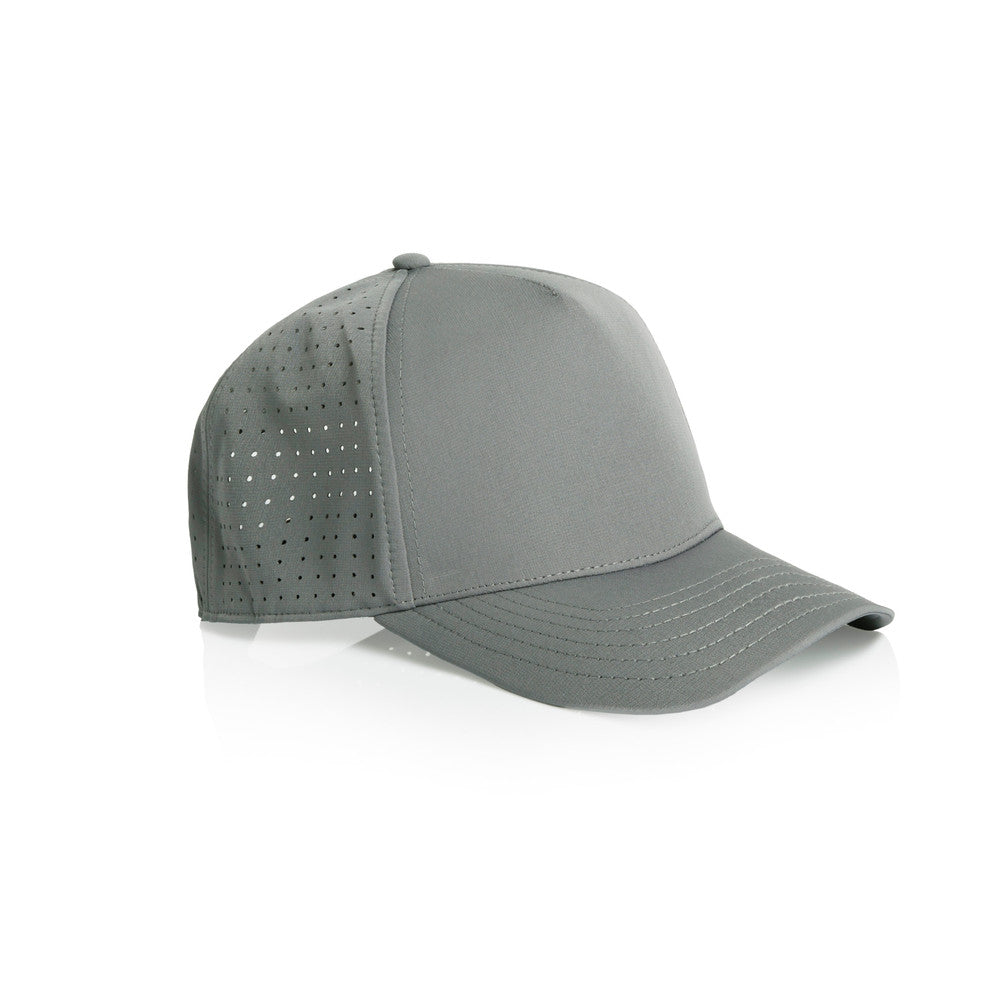 A grey Hybryd athletic baseball cap with perforated back panels and a snapback, white Hybryd logo on the front, shown on a clean white background. 