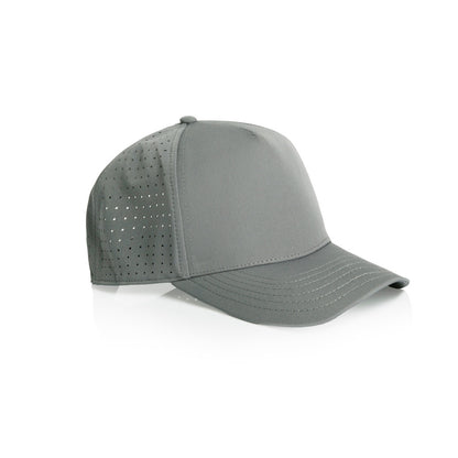 A grey Hybryd athletic baseball cap with perforated back panels and a snapback, white Hybryd logo on the front, shown on a clean white background. 