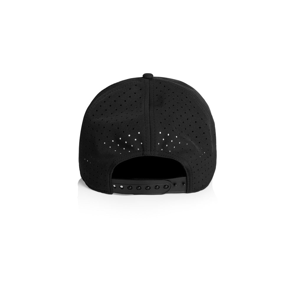 A black Hybryd athletic baseball cap with perforated back panels and a snapback. White Hybryd logo on the front, shown on a clean white background. 
