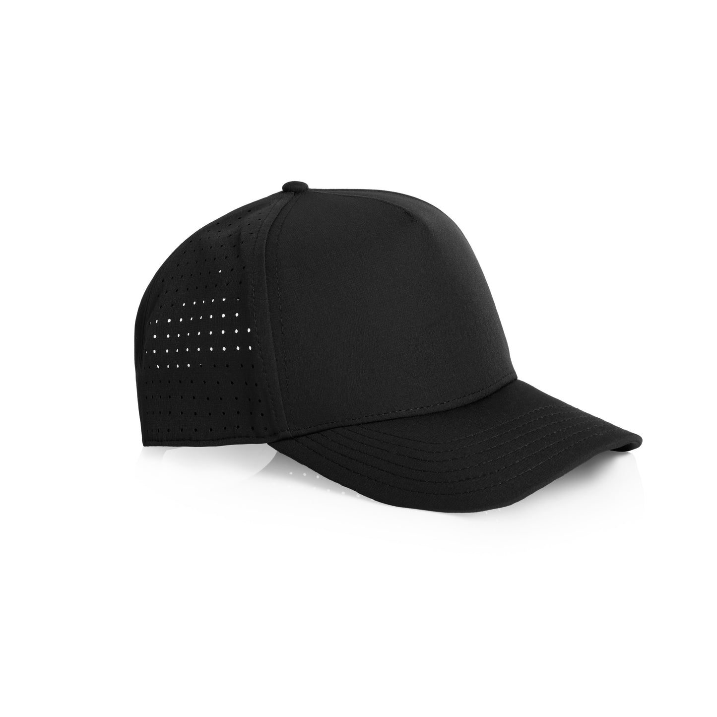 A black Hybryd athletic baseball cap with perforated back panels and a snapback, white Hybryd logo on the front, shown on a clean white background. 
