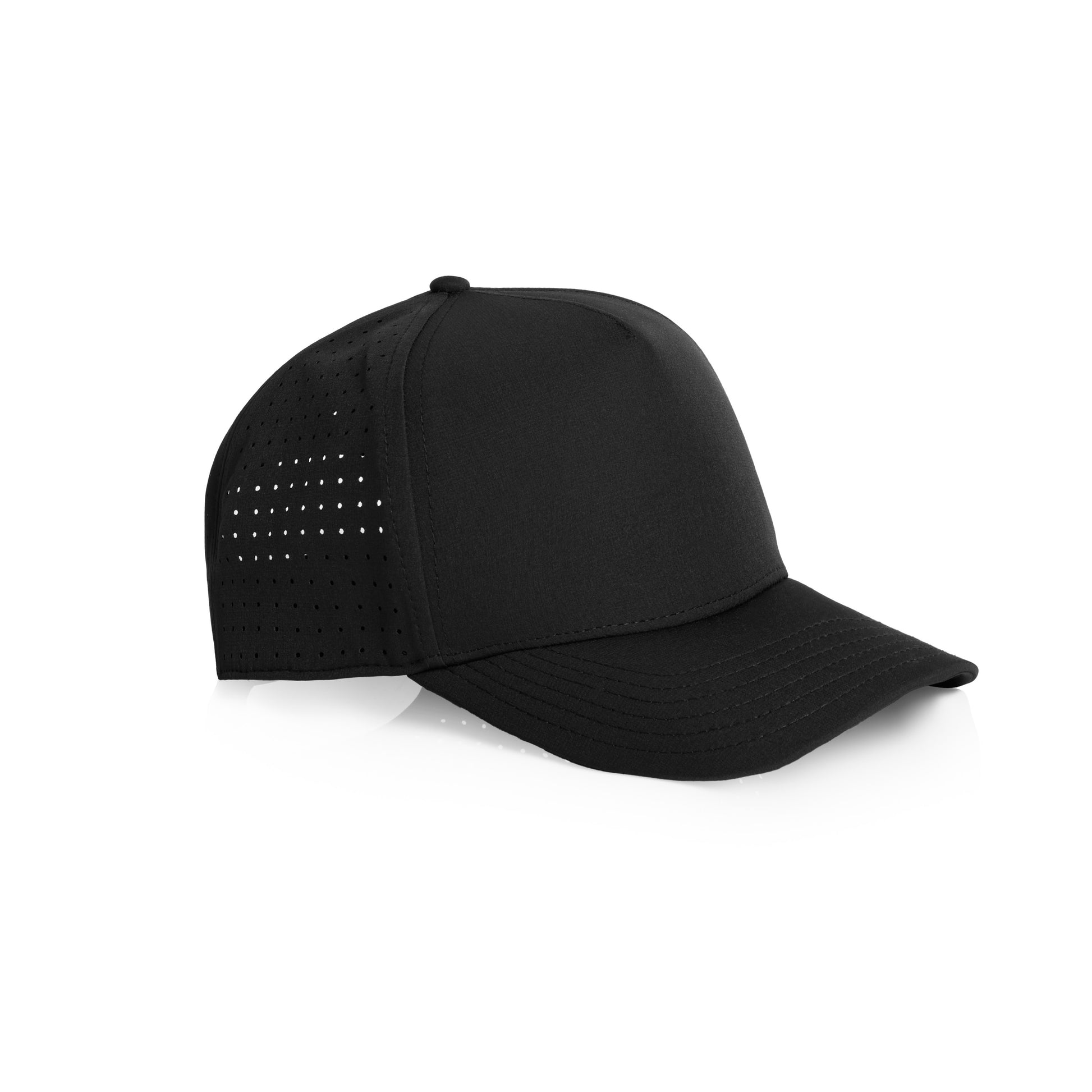 A black Hybryd athletic baseball cap with perforated back panels and a snapback, white Hybryd logo on the front, shown on a clean white background. 