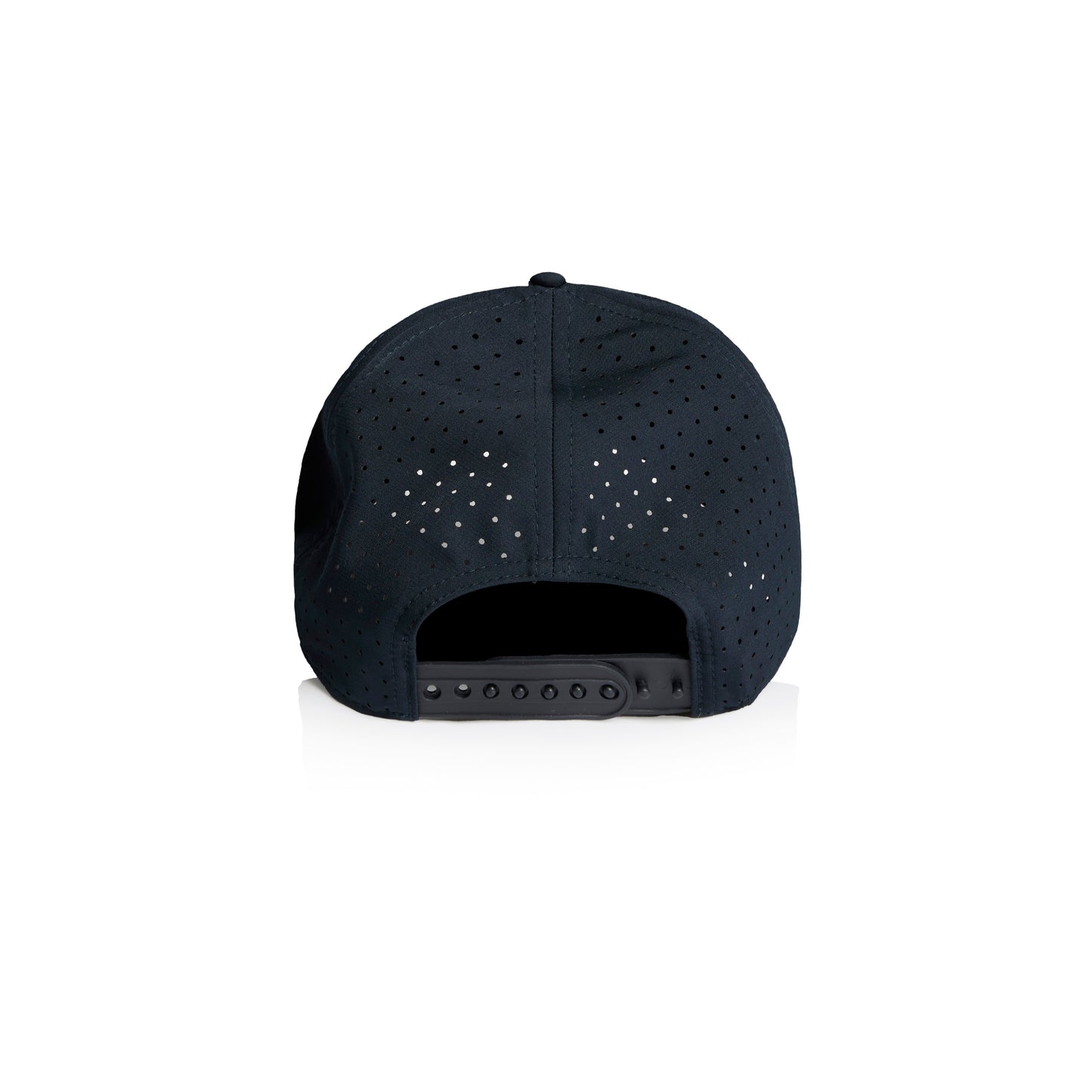 A navy Hybryd athletic baseball cap with perforated back panels and a snapback. White Hybryd logo on the front, shown on a clean white background. 