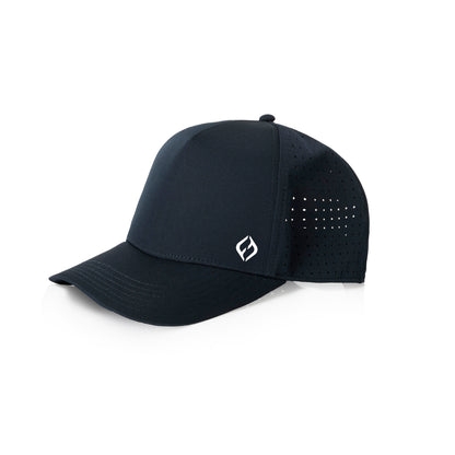 A navy Hybryd athletic baseball cap with perforated back panels and a small white Hybryd logo on the front, shown on a clean white background.