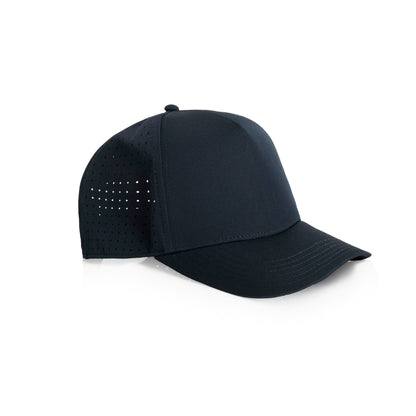 A navy Hybryd athletic baseball cap with perforated back panels and a snapback, white Hybryd logo on the front, shown on a clean white background. 