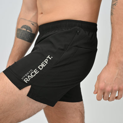 Black athletic shorts with 'HYBRYD RACE DEPT.' branding