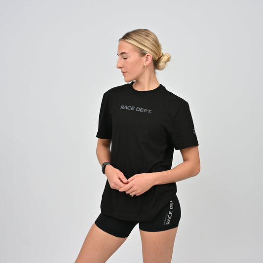 Athlete wearing a black 'RACE DEPT.' t-shirt
