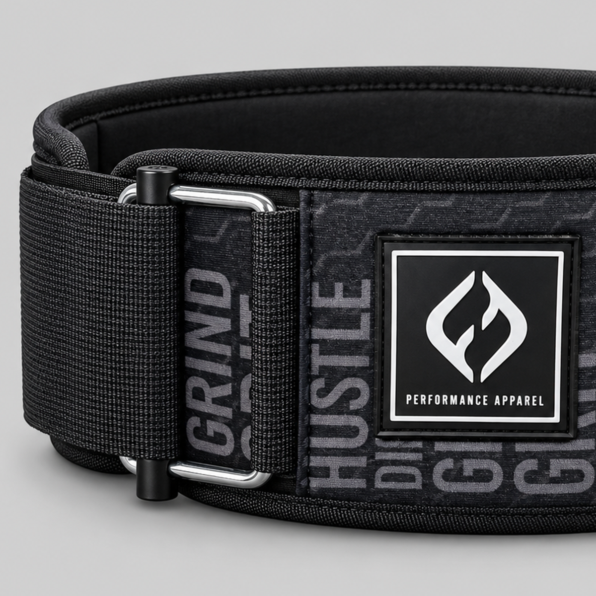 Close-up view of velcro strap and fabric pattern on Hybryd Ethos print weightlifting belt