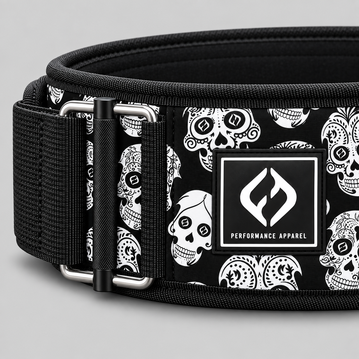 Front view of Hybryd 4-inch neoprene weightlifting belt in black skull print