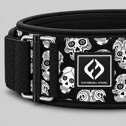 Front view of Hybryd 4-inch neoprene weightlifting belt in black skull print