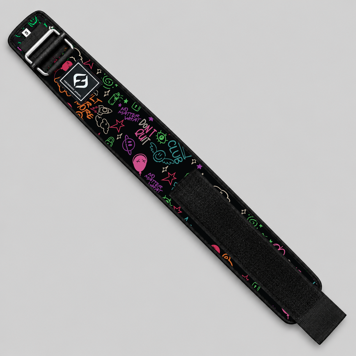 HYBRYD Ethos printed weightlifting belt laid flat at an angle, showing graffiti artwork, Velcro fastening and metal buckle