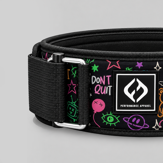 Close-up of HYBRYD Ethos graffiti weightlifting belt showing logo patch, woven fabric texture, reinforced stitching and metal buckle.