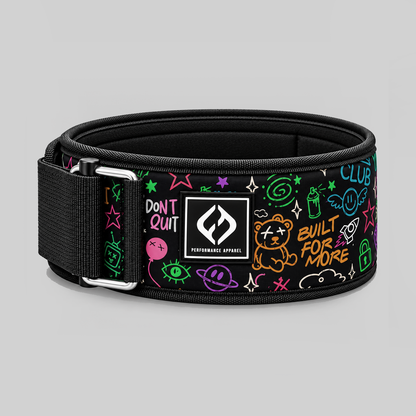 HYBRYD Ethos weightlifting belt fastened in a circular shape, featuring colourful graffiti print and supportive design for gym training.