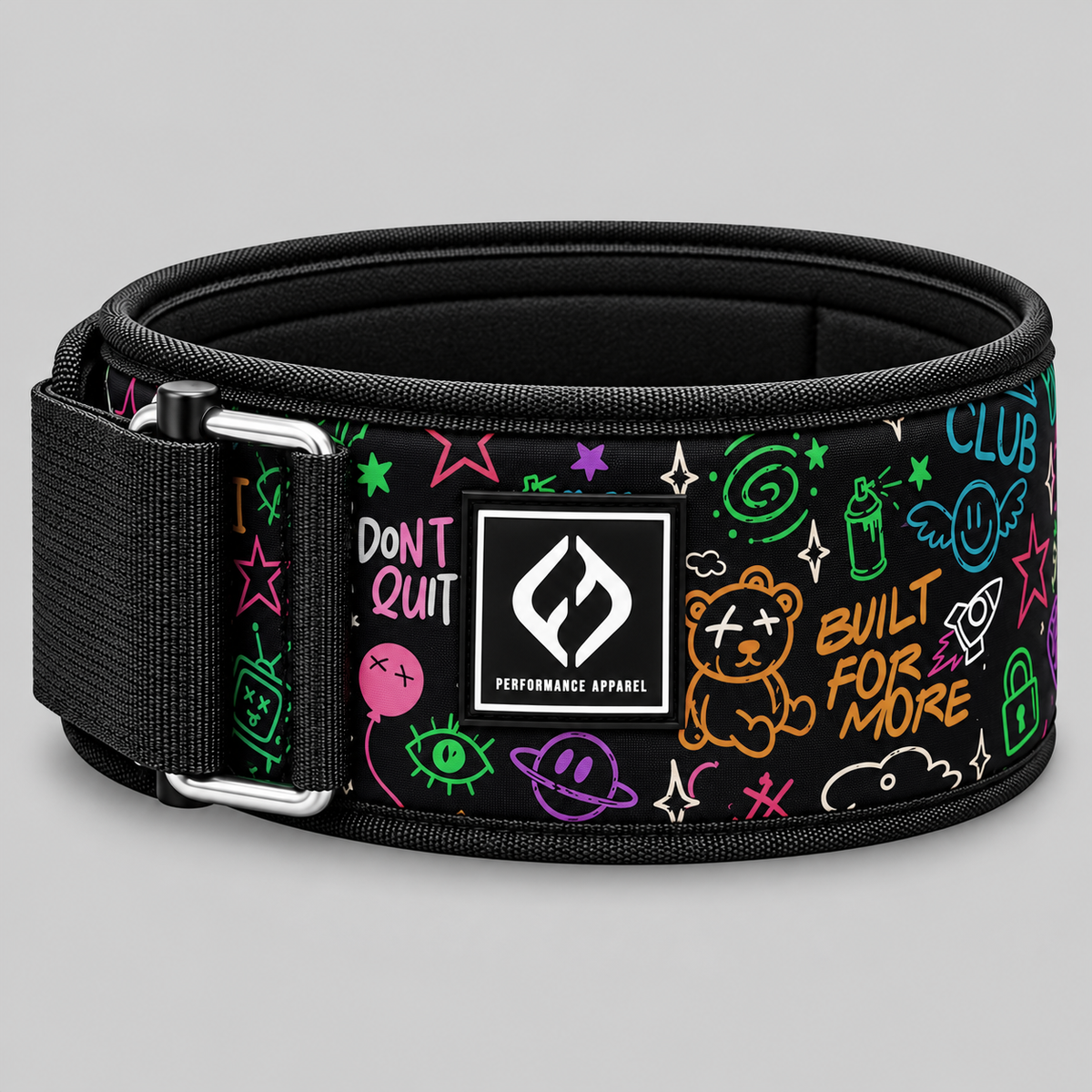 HYBRYD Ethos graffiti lifting belt showing padded construction, printed fabric, black edging and secure buckle fastening.