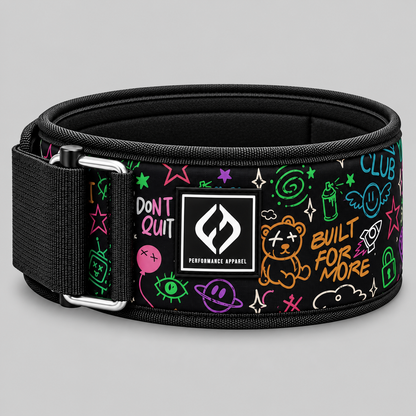 HYBRYD Ethos graffiti lifting belt showing padded construction, printed fabric, black edging and secure buckle fastening.
