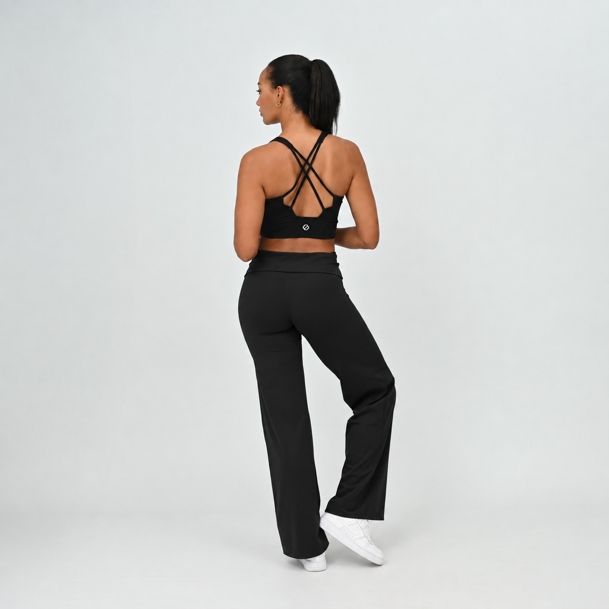 Black Gracie wide leg leggings with soft fold-over waistband, back detail