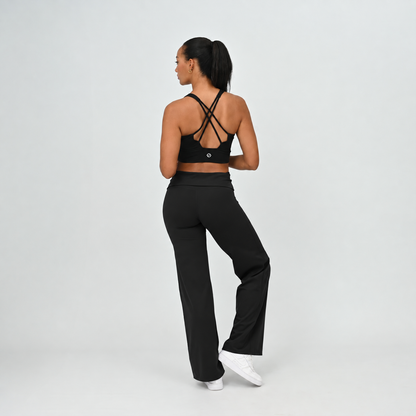 Black Gracie wide leg leggings with soft fold-over waistband, back detail