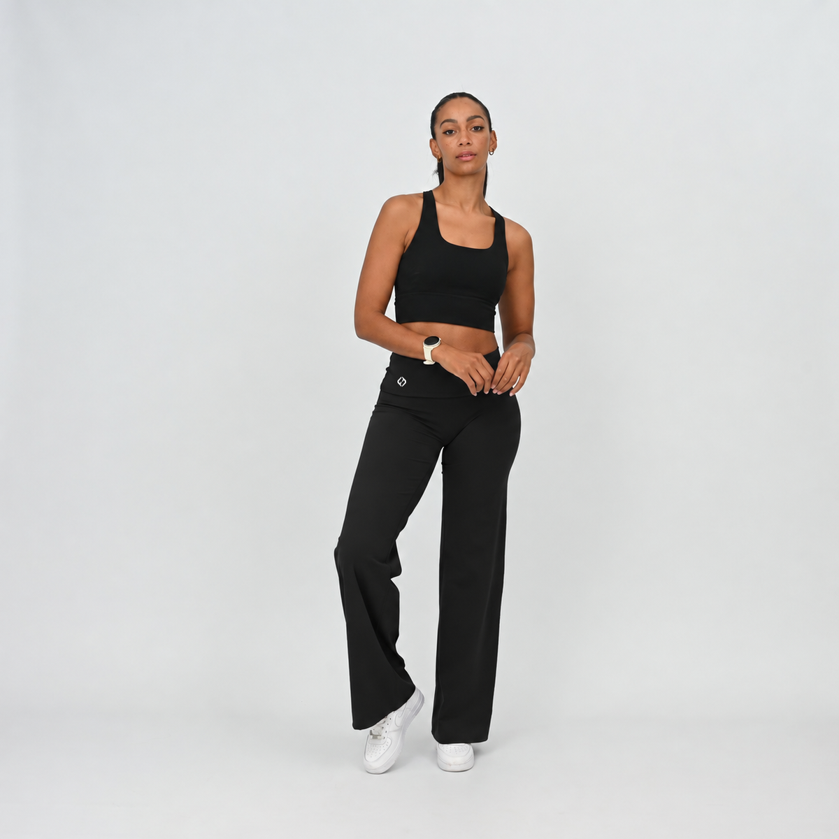 Black Gracie wide leg leggings with soft fold-over waistband, front detail