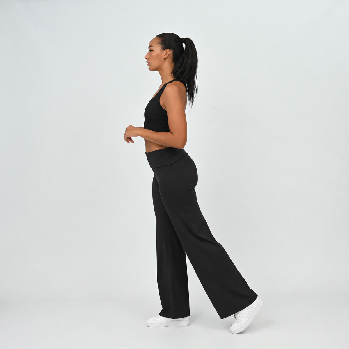 Gracie black wide leg leggings, side view showing wide leg shape