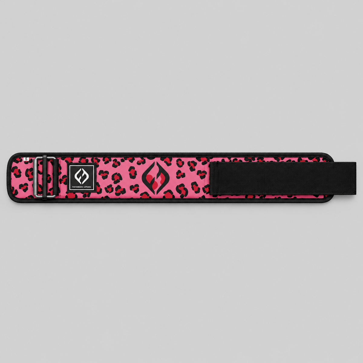 HYBRYD pink leopard weightlifting belt laid flat showing vibrant leopard print, adjustable Velcro strap and secure metal buckle.