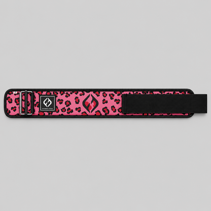 HYBRYD pink leopard weightlifting belt laid flat showing vibrant leopard print, adjustable Velcro strap and secure metal buckle.