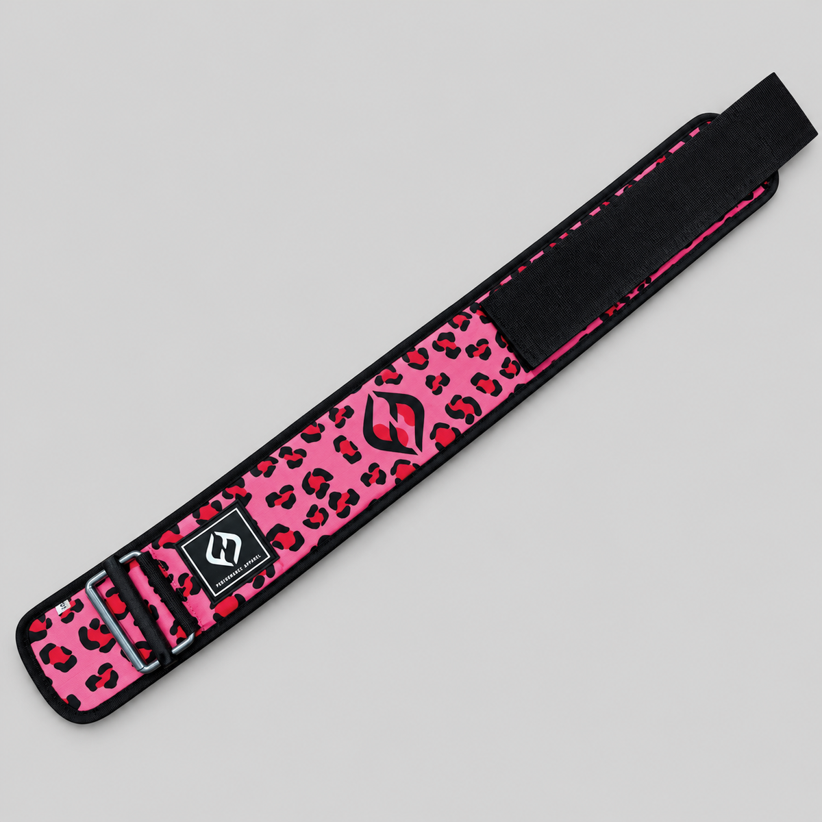 HYBRYD pink leopard lifting belt displayed diagonally, showing printed fabric, logo patch, black edging and fastening system.