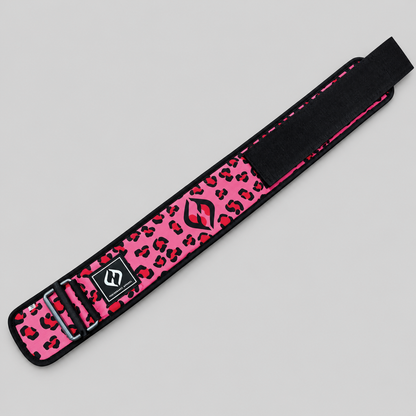 HYBRYD pink leopard lifting belt displayed diagonally, showing printed fabric, logo patch, black edging and fastening system.