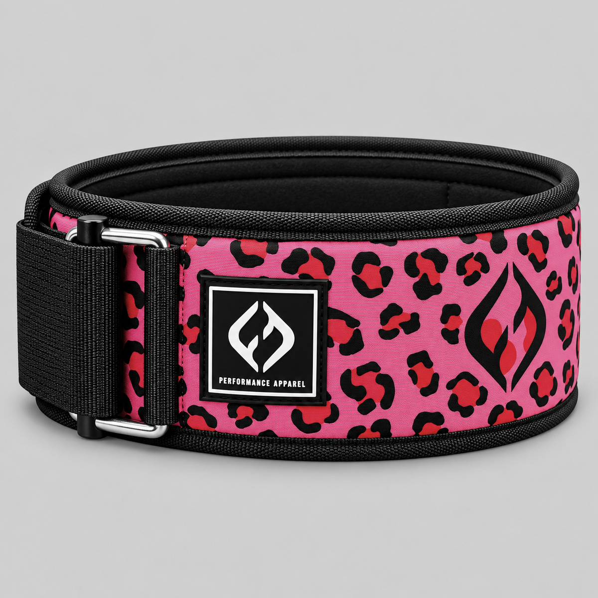 HYBRYD pink leopard print weightlifting belt fastened into shape, offering supportive construction for gym workouts, lifting and CrossFit.