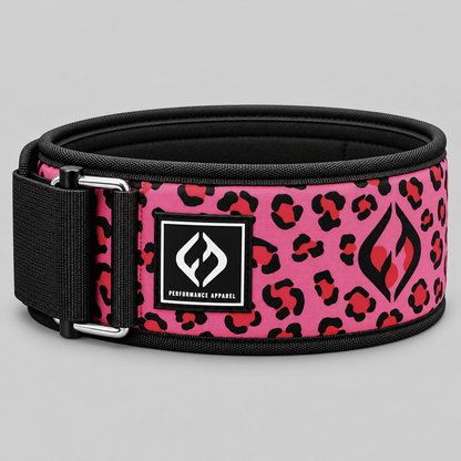 HYBRYD pink leopard print weightlifting belt fastened into shape, offering supportive construction for gym workouts, lifting and CrossFit.