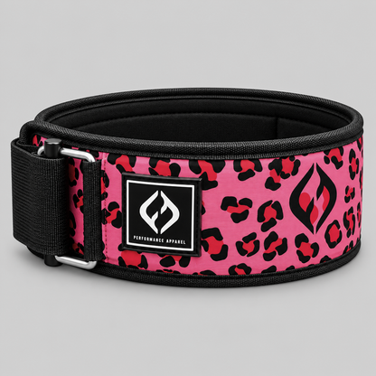 HYBRYD pink leopard print weightlifting belt with black trim, padded support and adjustable fastening for CrossFit and strength training.