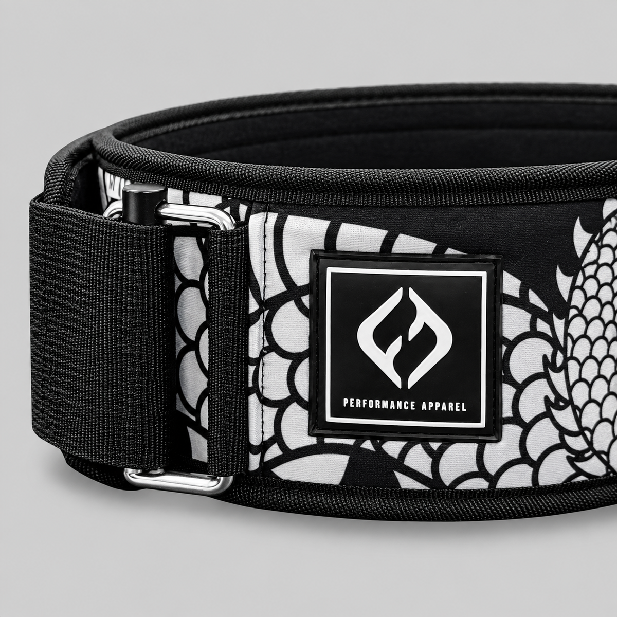 Close-up of Japanese dragon print pattern on Hybryd Shigoto CrossFit weightlifting belt