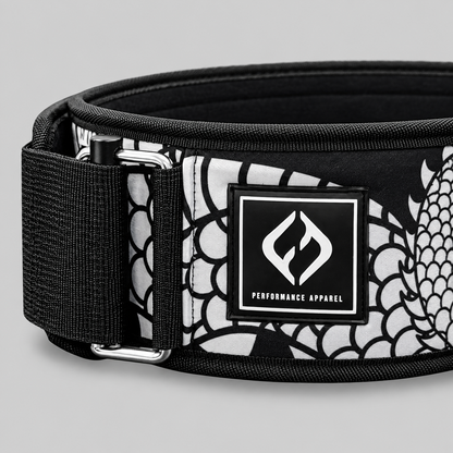 Close-up of Japanese dragon print pattern on Hybryd Shigoto CrossFit weightlifting belt