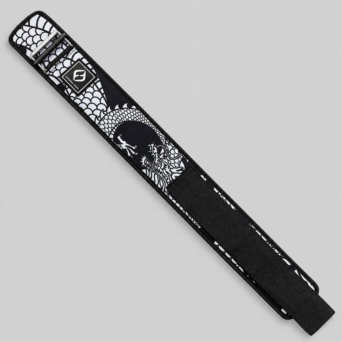 Hybryd Shigoto weightlifting belt with dragon print pattern laid flat