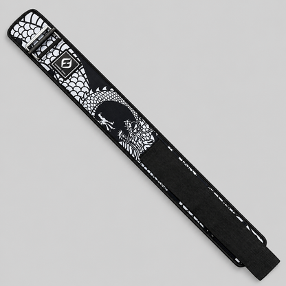 Hybryd Shigoto weightlifting belt with dragon print pattern laid flat