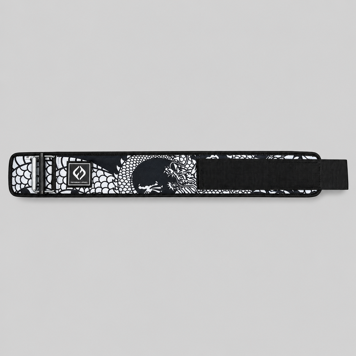 Full view of Hybryd Shigoto dragon print weightlifting belt showing secure closure