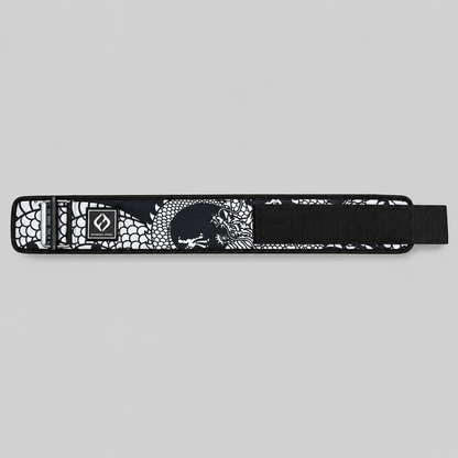Full view of Hybryd Shigoto dragon print weightlifting belt showing secure closure