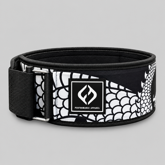 Hybryd Shigoto weightlifting belt in dragon print front view for strength training