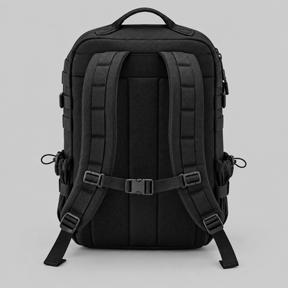 Padded ergonomic shoulder straps and back panel on Hybryd 35L black tactical backpack
