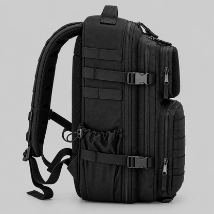 Side profile of Hybryd black 35L tactical gym backpack showing compression straps and MOLLE webbing