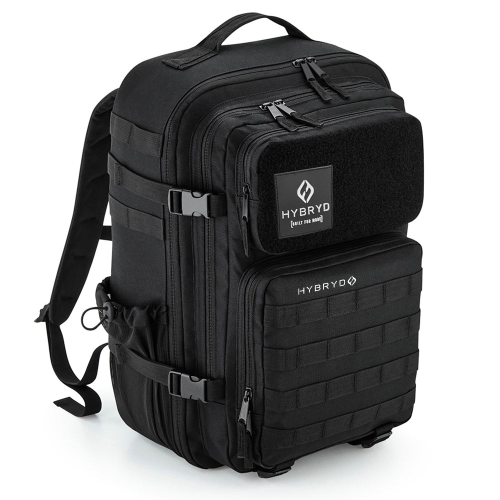 HYBRYD black 35L tactical gym backpack with MOLLE webbing and Velcro patch panel