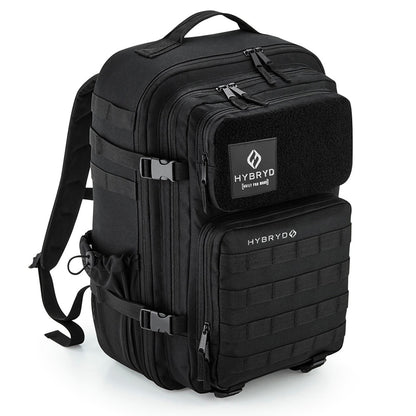 HYBRYD black 35L tactical gym backpack with MOLLE webbing and Velcro patch panel