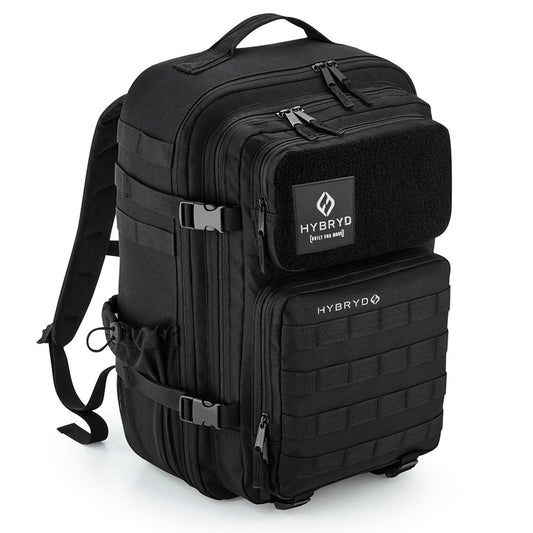 HYBRYD black 35L tactical gym backpack with MOLLE webbing and Velcro patch panel