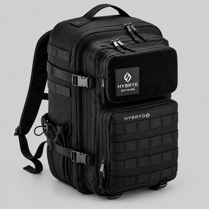 Hybryd 35L black tactical gym backpack with velcro patch section for HYROX and CrossFit