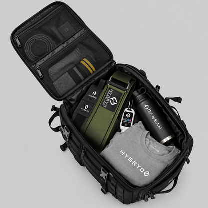 Hybryd 35L tactical gym bag opened flat showing packed CrossFit training gear and kit