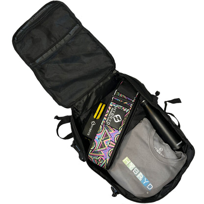 HYBRYD 35L tactical gym backpack open to show internal compartments and storage