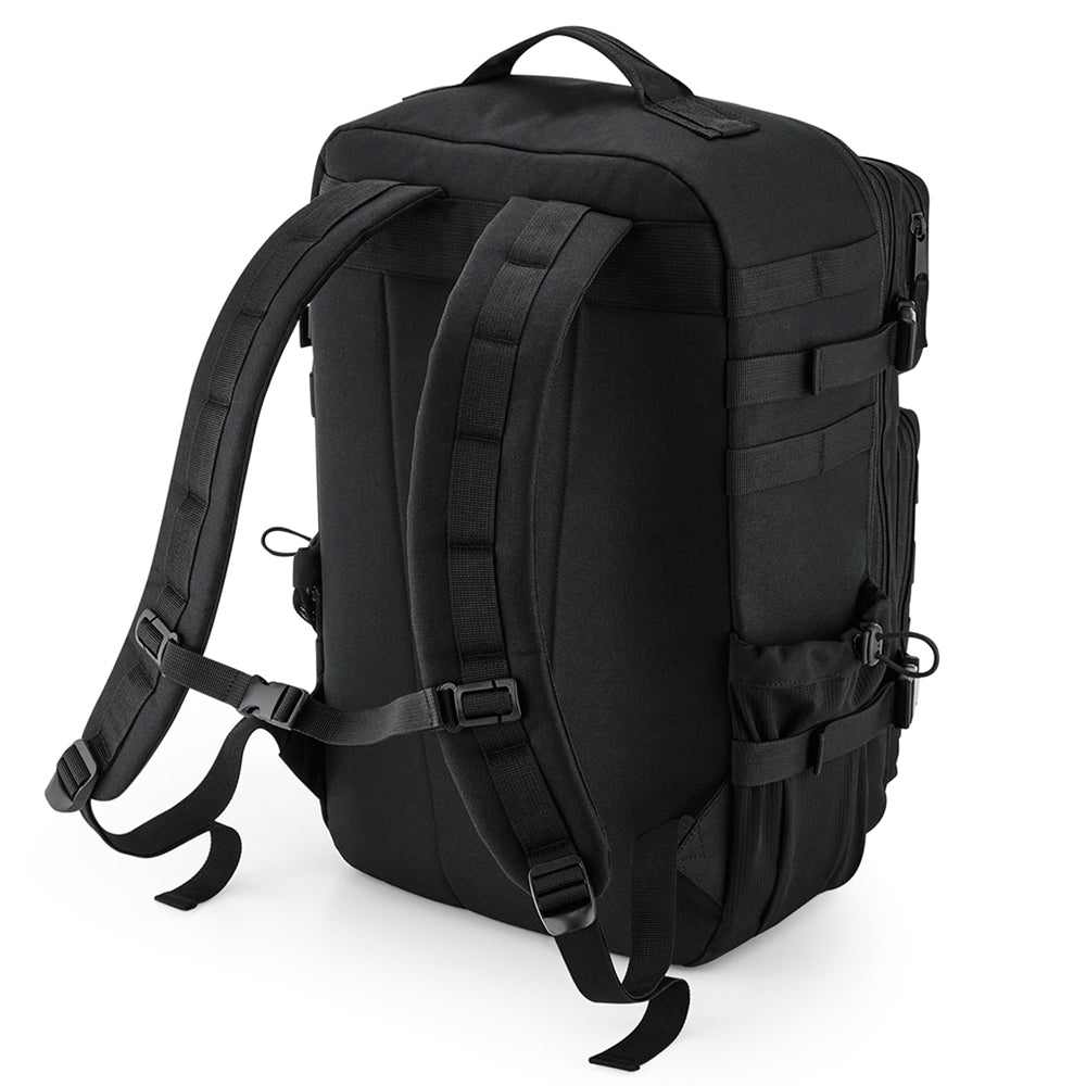 HYBRYD black tactical gym backpack rear view with padded shoulder straps
