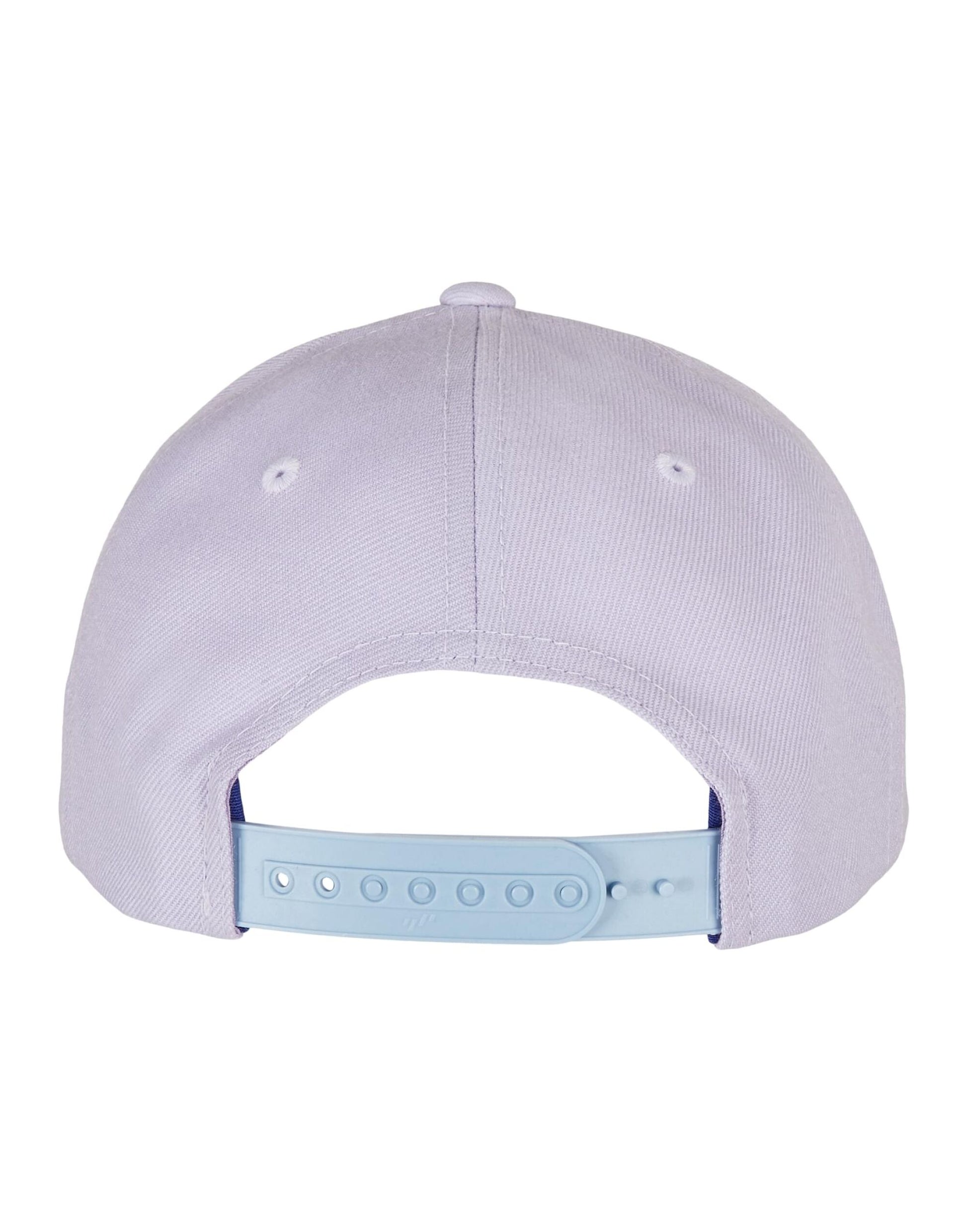 Back view of a light purple baseball cap with a blue snapback on a white background